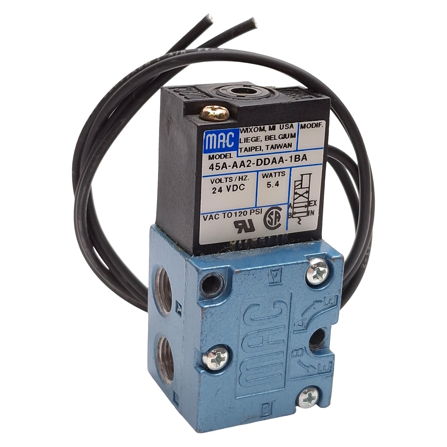 Used Mac 45A-AA2-DDAA-1BA Solenoid Valve, 4/2-Way, 120psi, 1/8in NPTF, 24VDC Coil