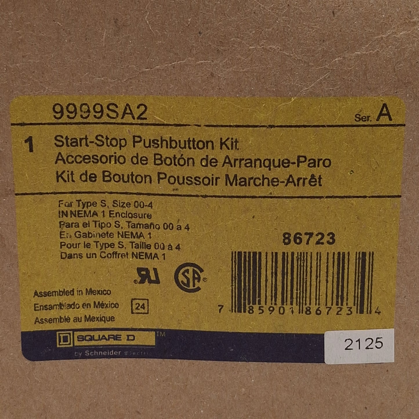 New Square D 9999SA2 Start-Stop Pushbutton Kit For NEMA Contactor, Type S, 5A 600VAC