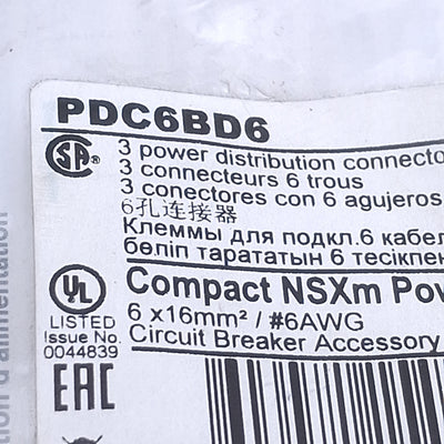 New Schneider Electric PDC6BD6 Power Distribution Block 15-125A, AWG14-AWG6 Terminal