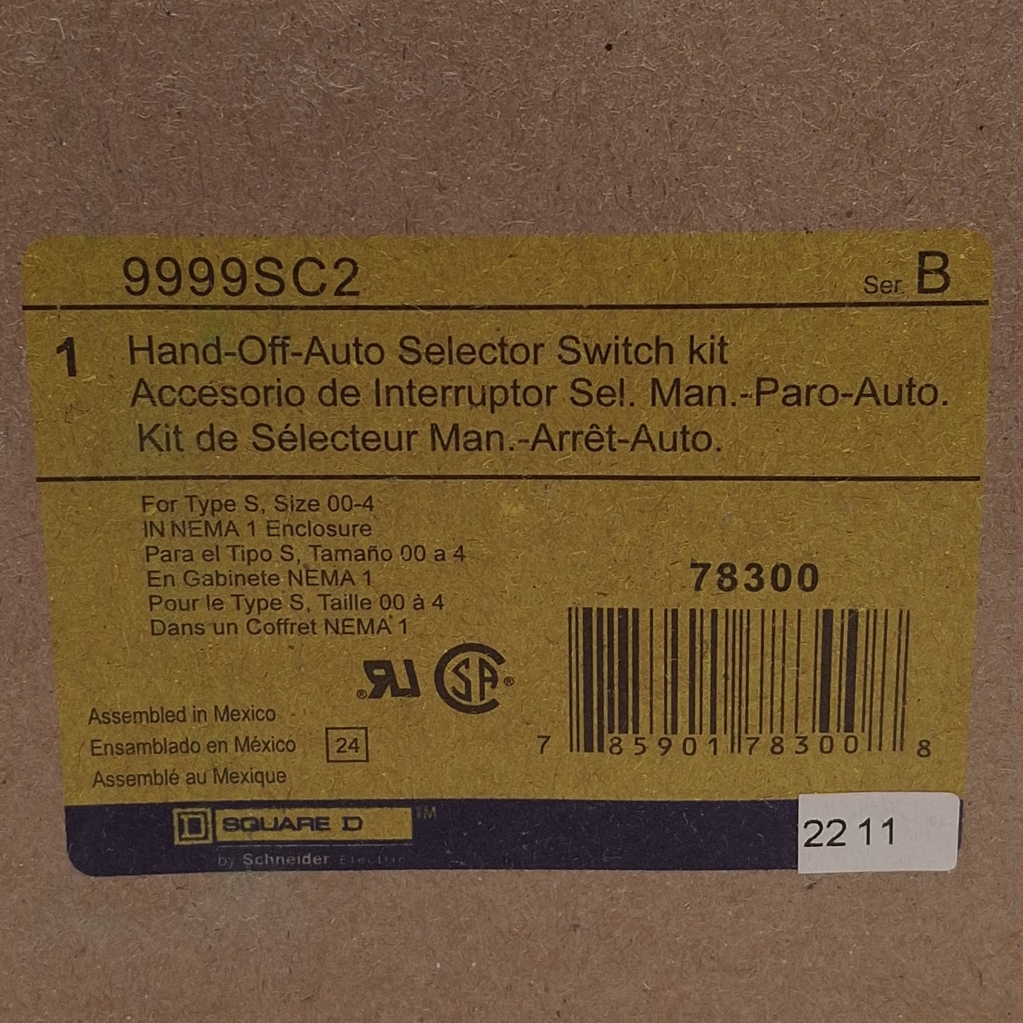 New Square D 9999SC2 Hand-Off-Auto Selector Switch Unit, Panel Mount, 5A 600VAC