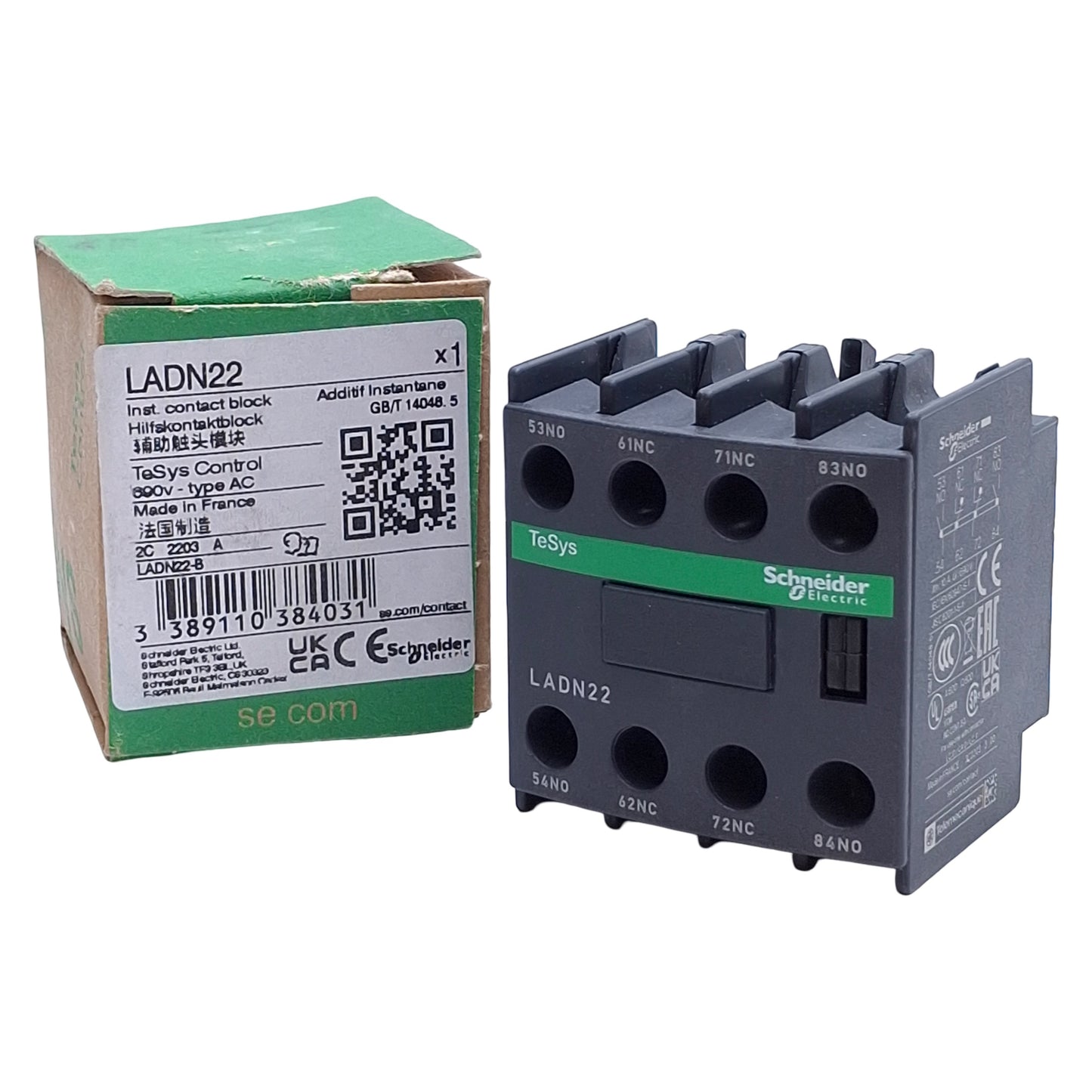 New Schneider Electric LADN22 Auxiliary Contact Block 10A 690VAC, 2NO 2NC, Top Mount