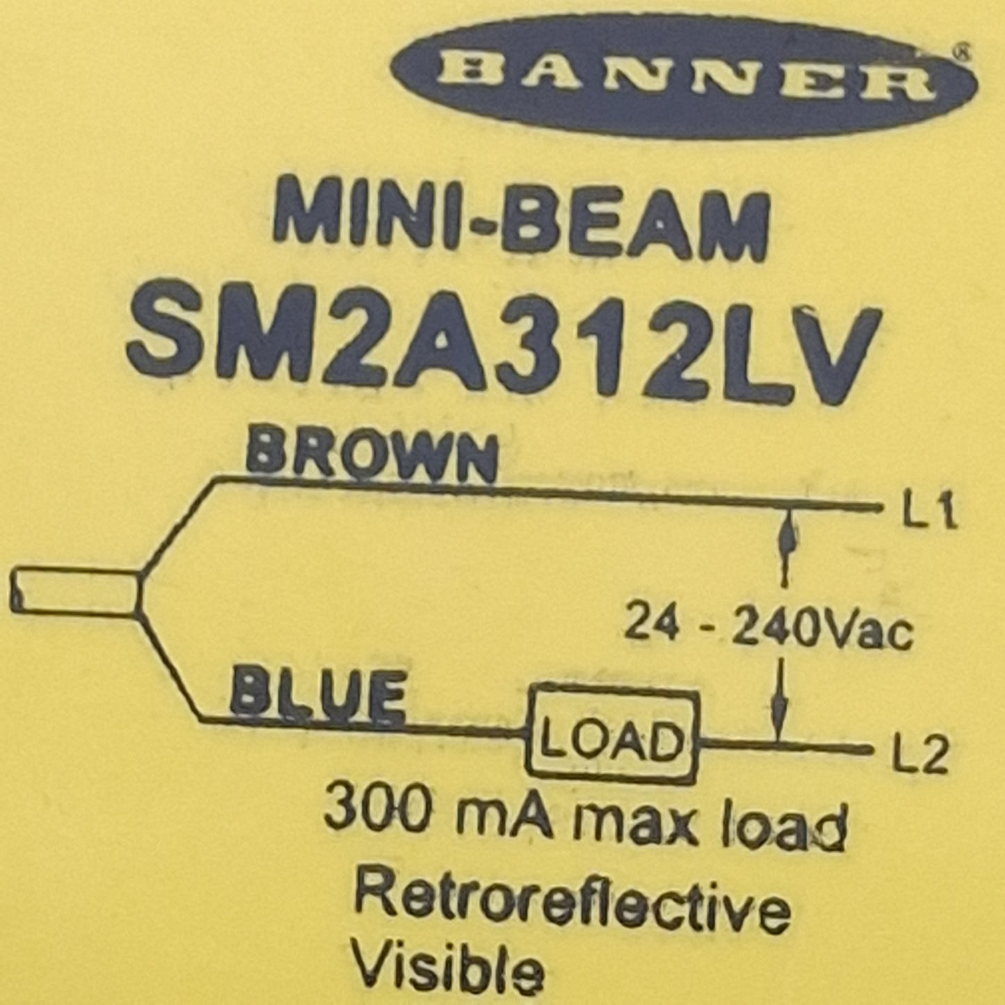 Used Banner SM2A312LV Retroreflective Mini Beam Sensor 24-240VAC, 5m Range, 2m Cable