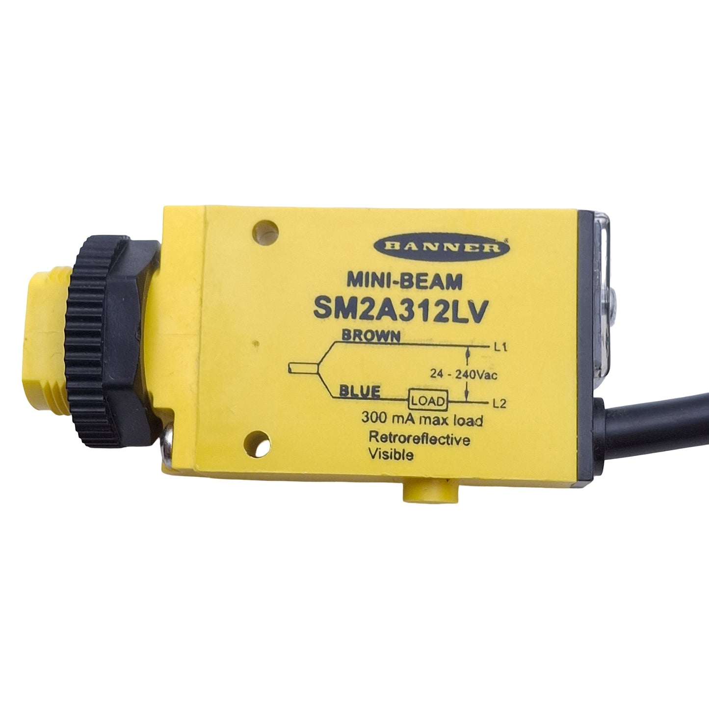Used Banner SM2A312LV Retroreflective Mini Beam Sensor 24-240VAC, 5m Range, 2m Cable