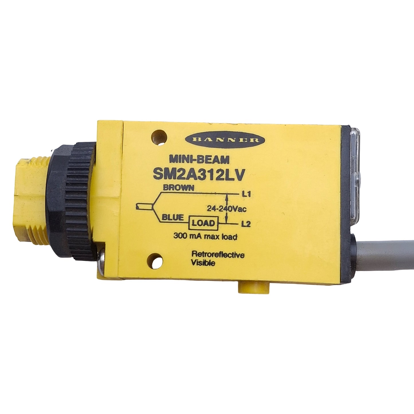 Used Banner SM2A312LV Retroreflective Mini Beam Sensor 24-240VAC, 5m Range, 4ft Cable