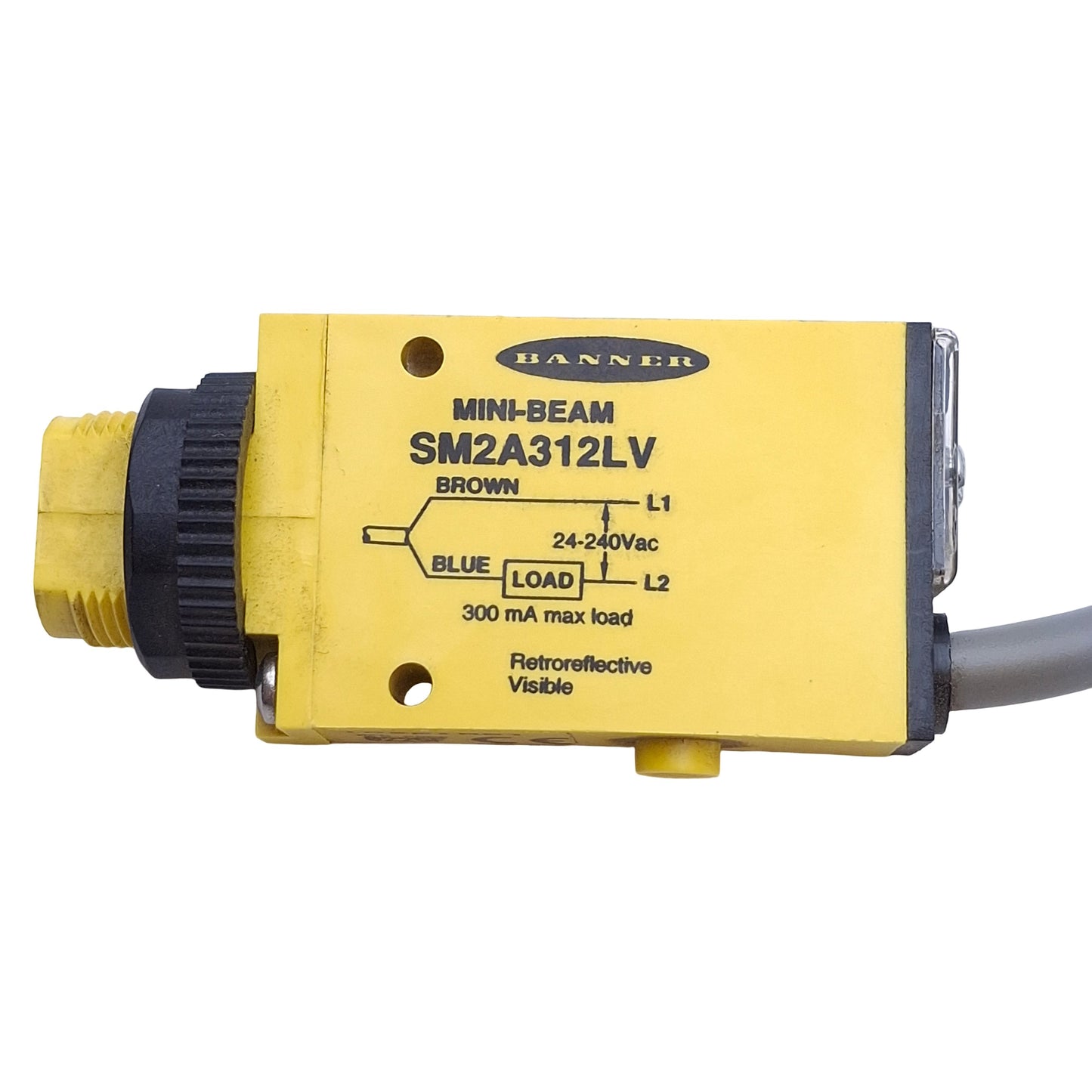 Used Banner SM2A312LV Retroreflective Mini Beam Sensor 24-240VAC, 5m Range, 2ft Cable