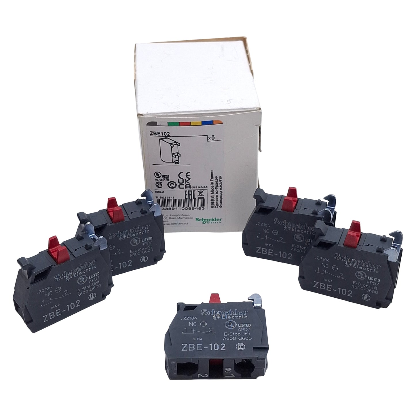 New Lot of 5 Schneider Electric ZBE102 Switch Contact Block, NC, 10A 600V, 22mm