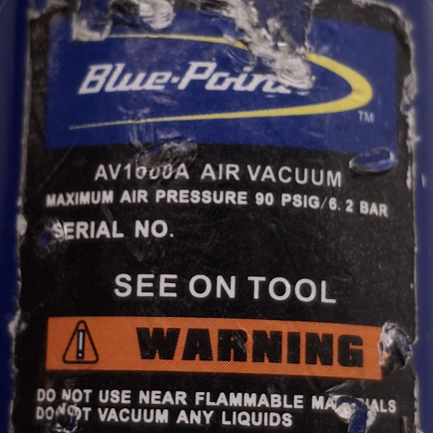 Used Blue Point AV1000A Hand Held Air Vacuum w/ Extension Tube, 3scfm, 90psig Max