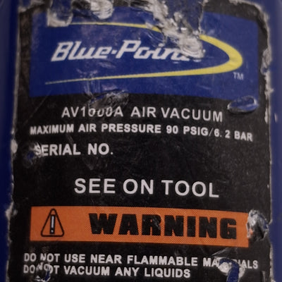 Used Blue Point AV1000A Hand Held Air Vacuum w/ Extension Tube, 3scfm, 90psig Max