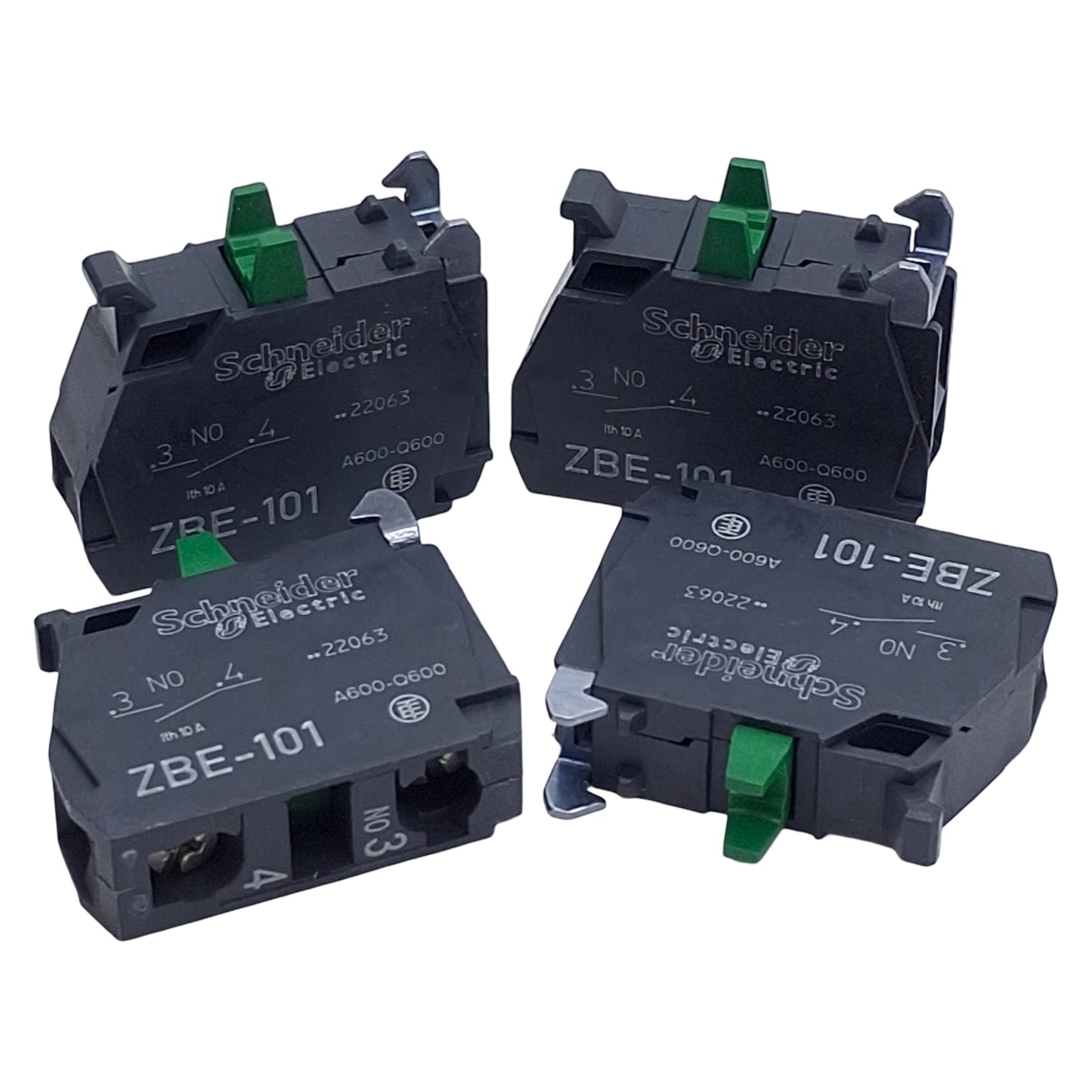 New Lot of 4 Schneider Electric ZBE101 Switch Contact Block, 1NO, 10A 600V, ø22mm