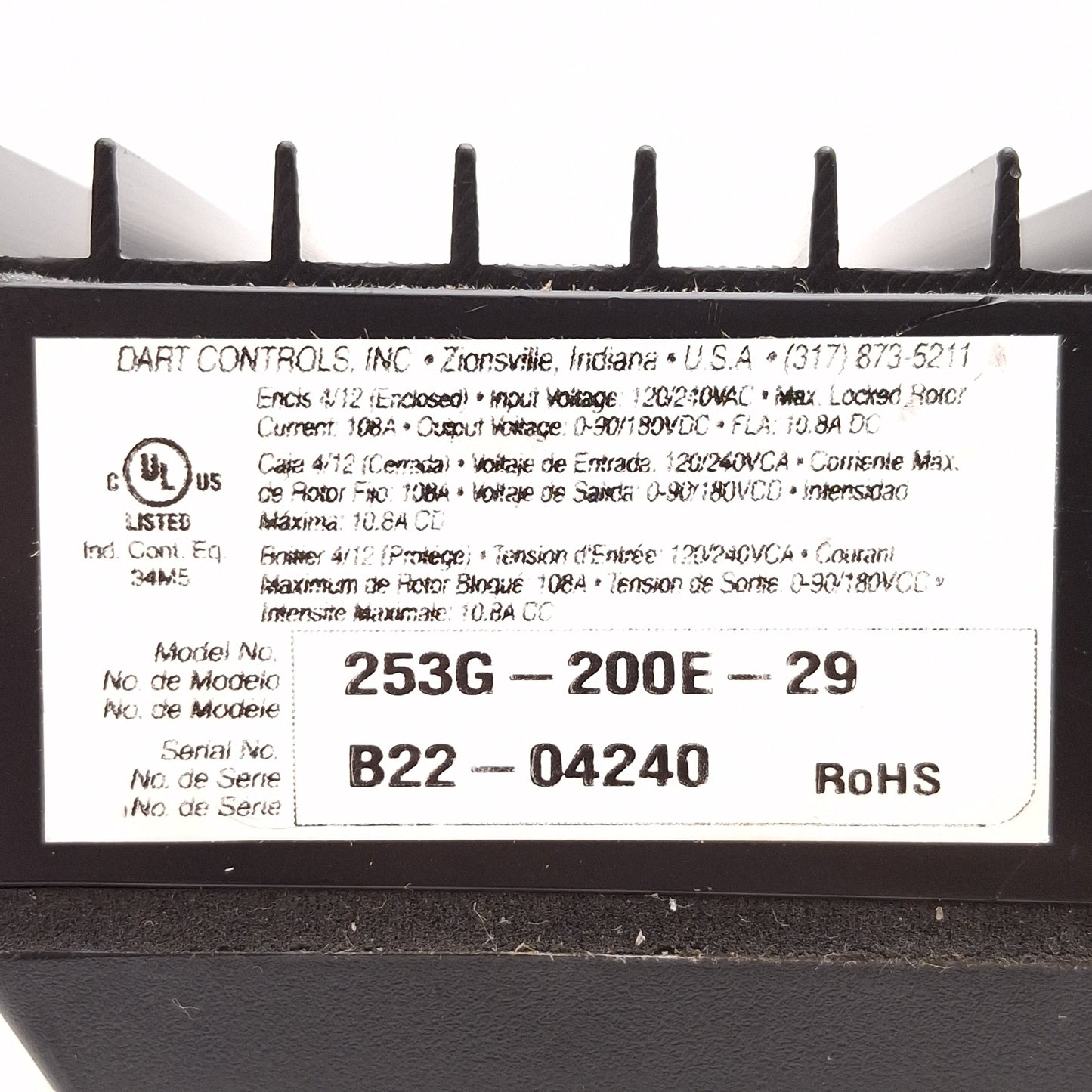 Used Dart 253G-200E-29 DC Motor Speed Control 1/8-2HP, 120/240VAC In, 0-90/180VDC Out
