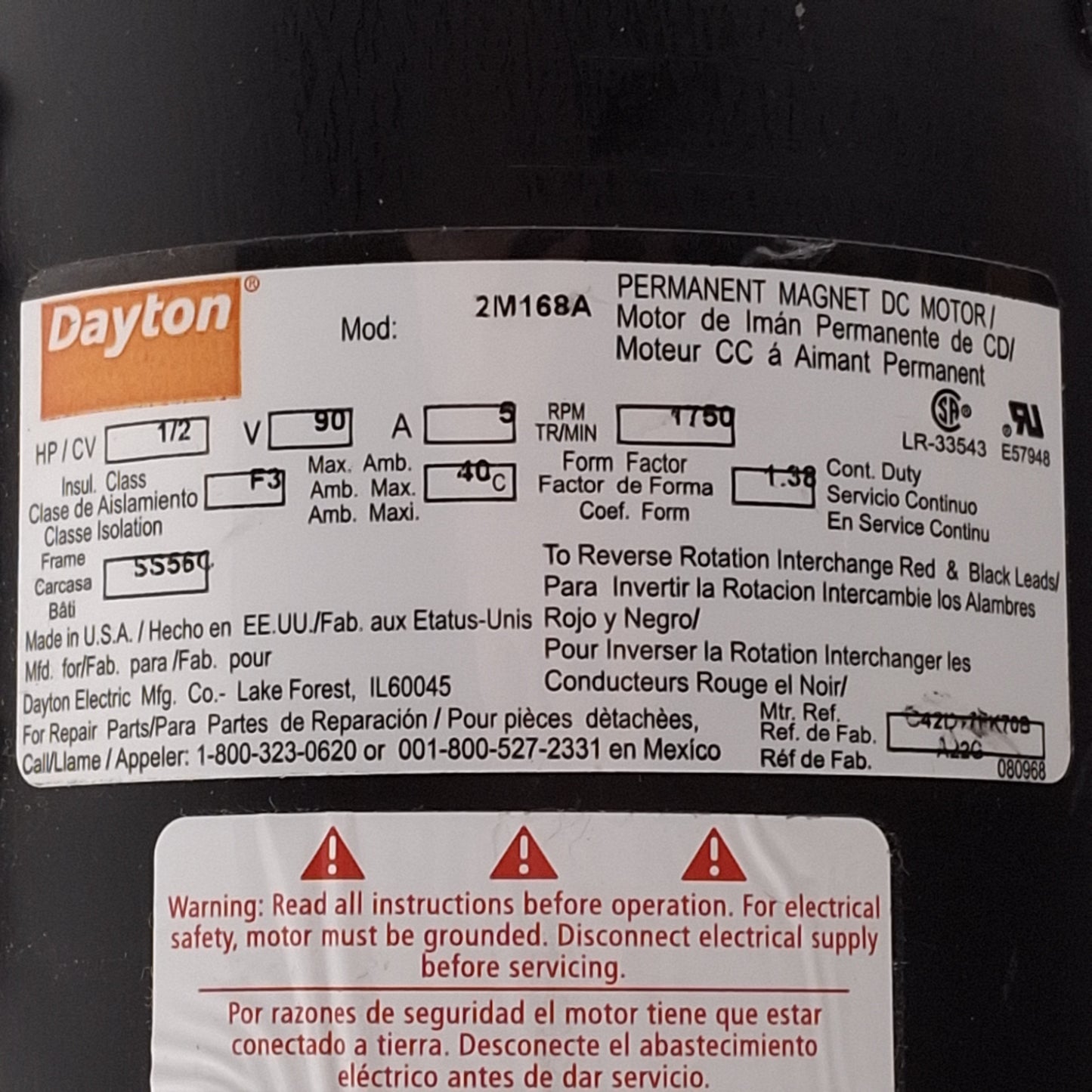 Used Dayton 2M168A PM DC Motor, 1/2HP, 90VDC 5A, 1750rpm, ø5/8in Shaft, SS56C Frame