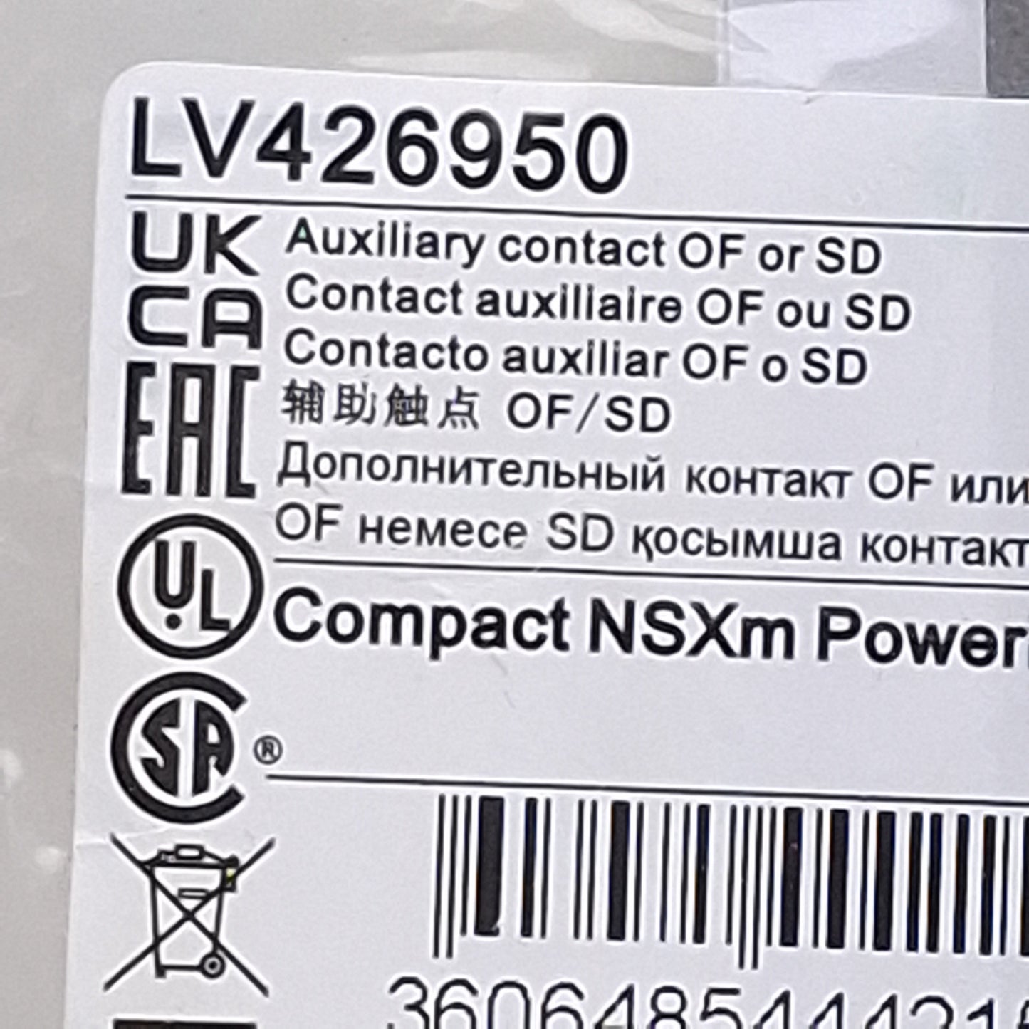 New Schneider Electric LV426950 Auxiliary Contact Block, 1NO/NC, 5A 24V-600VAC