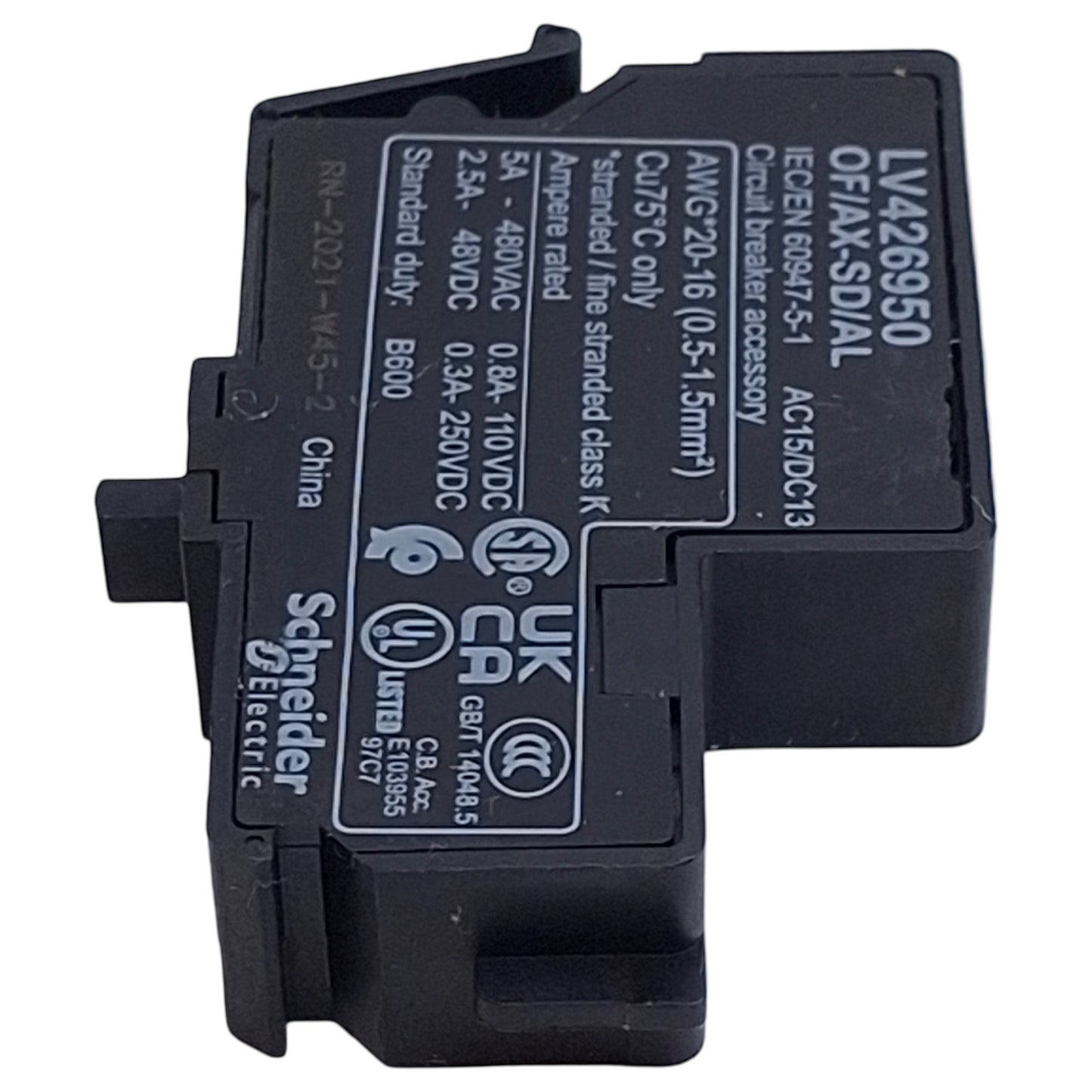 New Schneider Electric LV426950 Auxiliary Contact Block, 1NO/NC, 5A 24V-600VAC