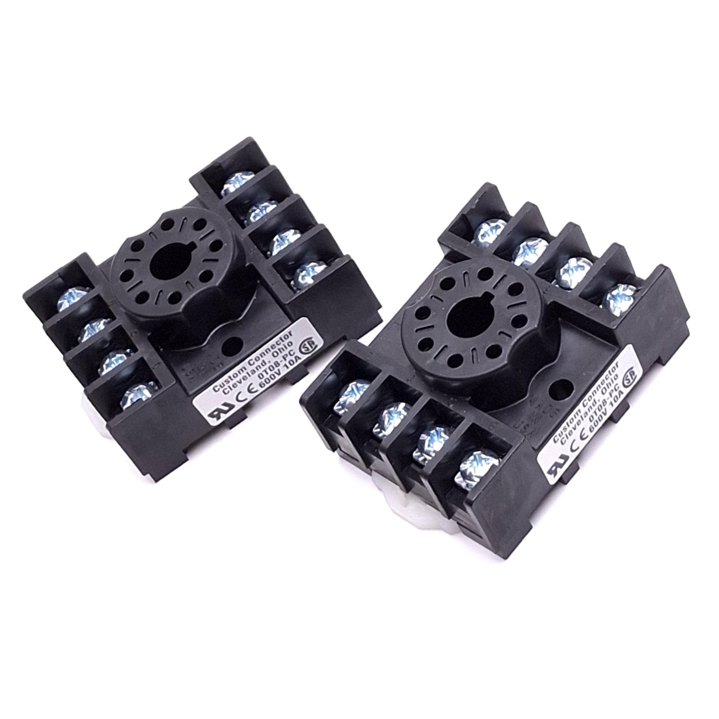 New – Open box Lot of 2 Custom Connector 0T08-PC Relay Sockets, 8-Pin Octal, 600V 10A, DIN Rail