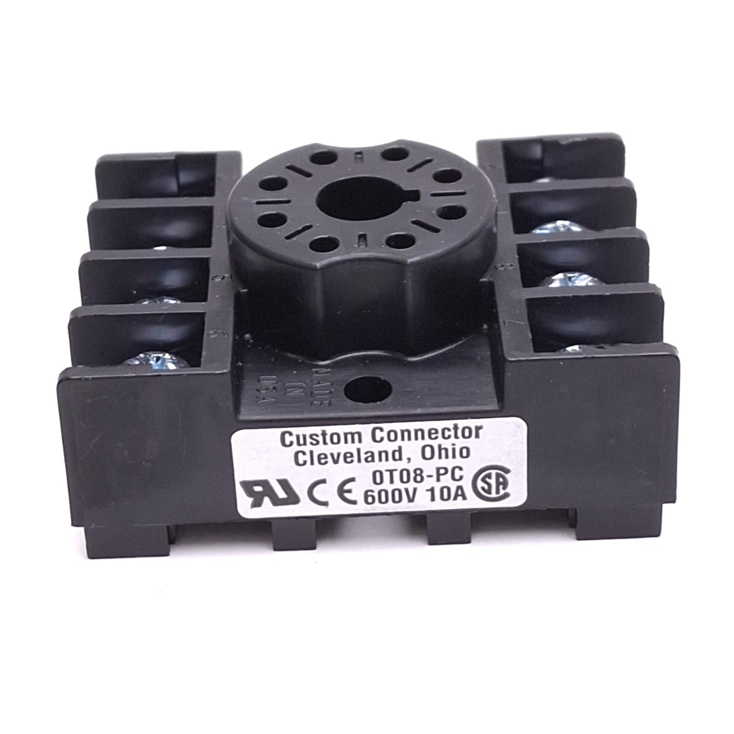 New – Open box Lot of 2 Custom Connector 0T08-PC Relay Sockets, 8-Pin Octal, 600V 10A, DIN Rail