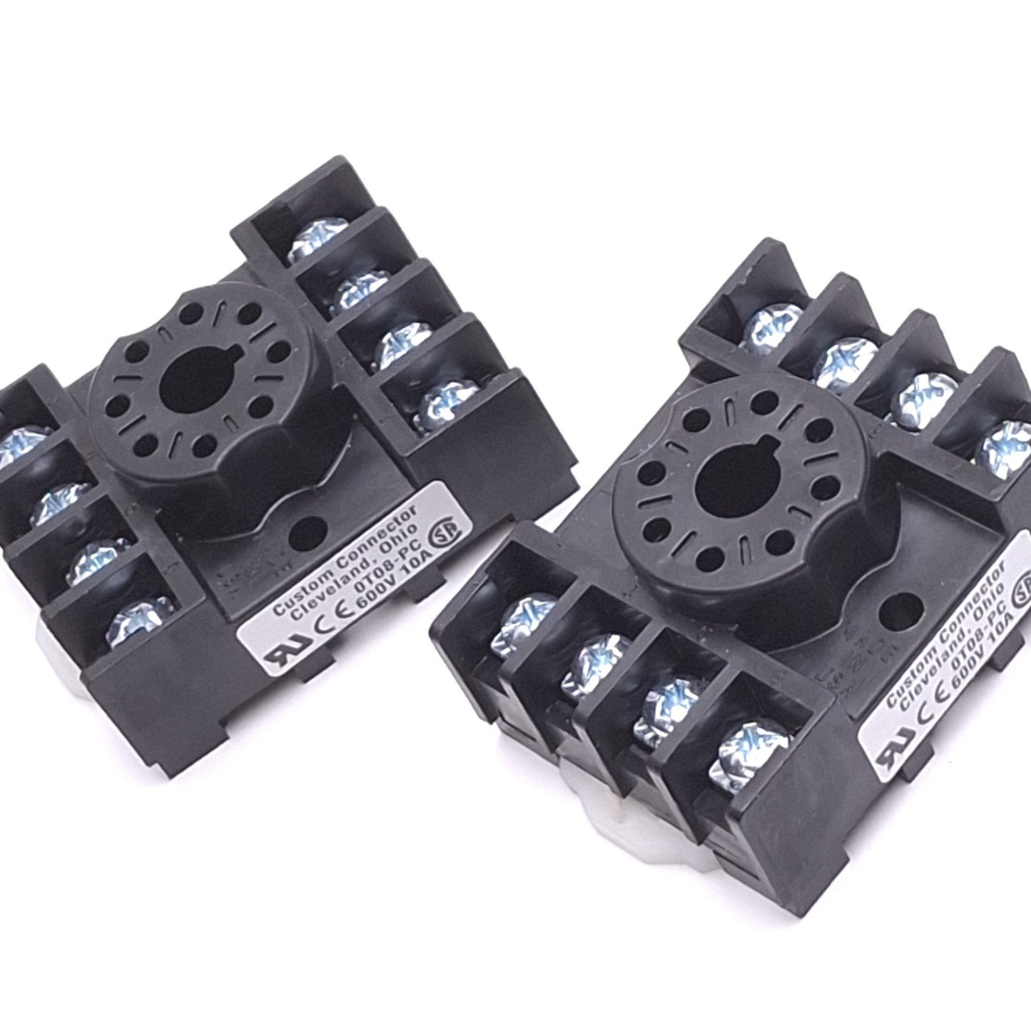 New – Open box Lot of 2 Custom Connector 0T08-PC Relay Sockets, 8-Pin Octal, 600V 10A, DIN Rail