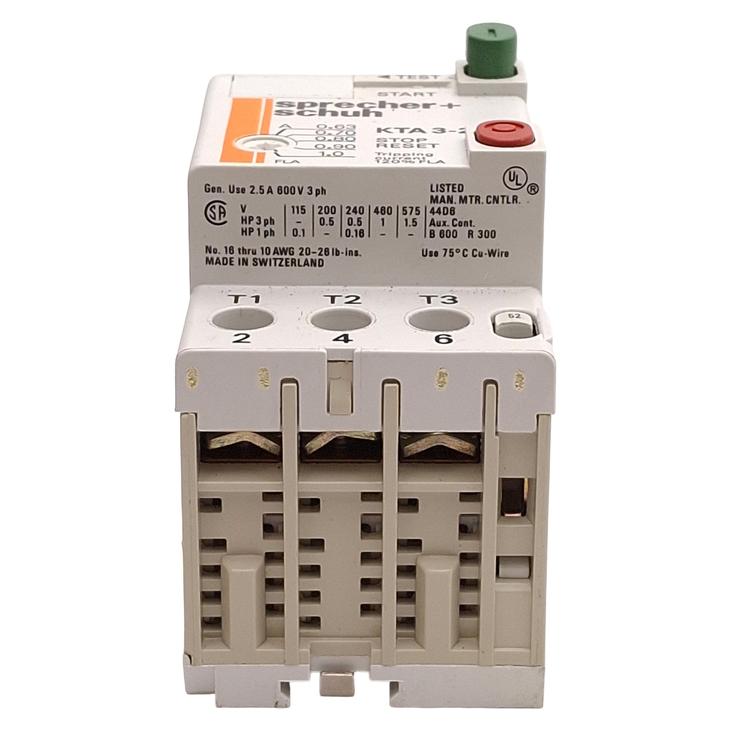 Used Sprecher+Schuh KTA3-25-1A Motor Controller Circuit Breaker, 3-Pole, 0.63-1A