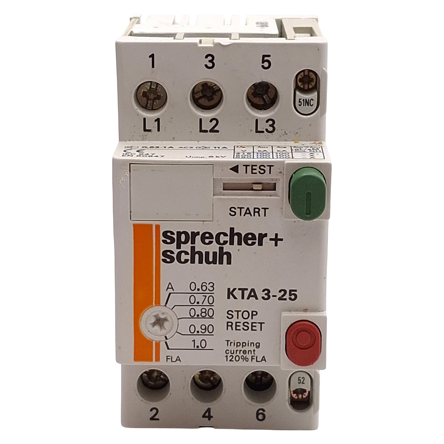 Used Sprecher+Schuh KTA3-25-1A Motor Controller Circuit Breaker, 3-Pole, 0.63-1A