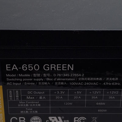 Used Antec 0-761345-27654-2 EA-650 GREEN Power Supply, 100-240VAC In, 650W Out