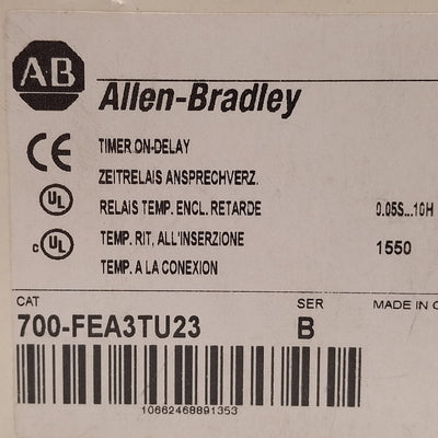 New Allen Bradley 700-FEA3TU23 On-Delay Timing Relay, 0.05s-10h, 24-240VAC, 24-48VDC