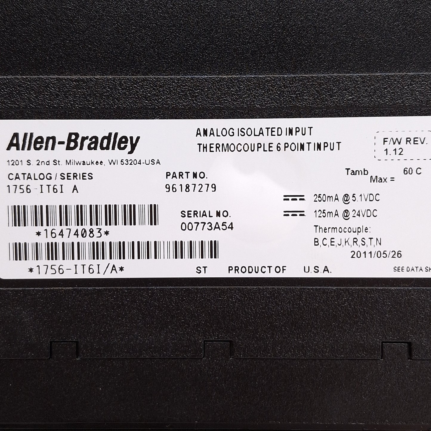 Used Allen Bradley 1756-IT6I/A FW:1.12 ControlLogix Isolated TC Input Module, 6-Input