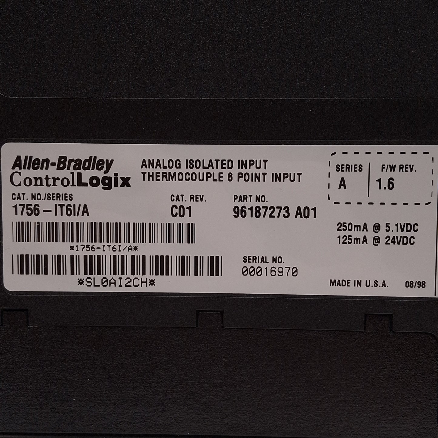 Used Allen Bradley 1756-IT6I/A FW: 1.6 ControlLogix Isolated TC Input Module, 6-Input