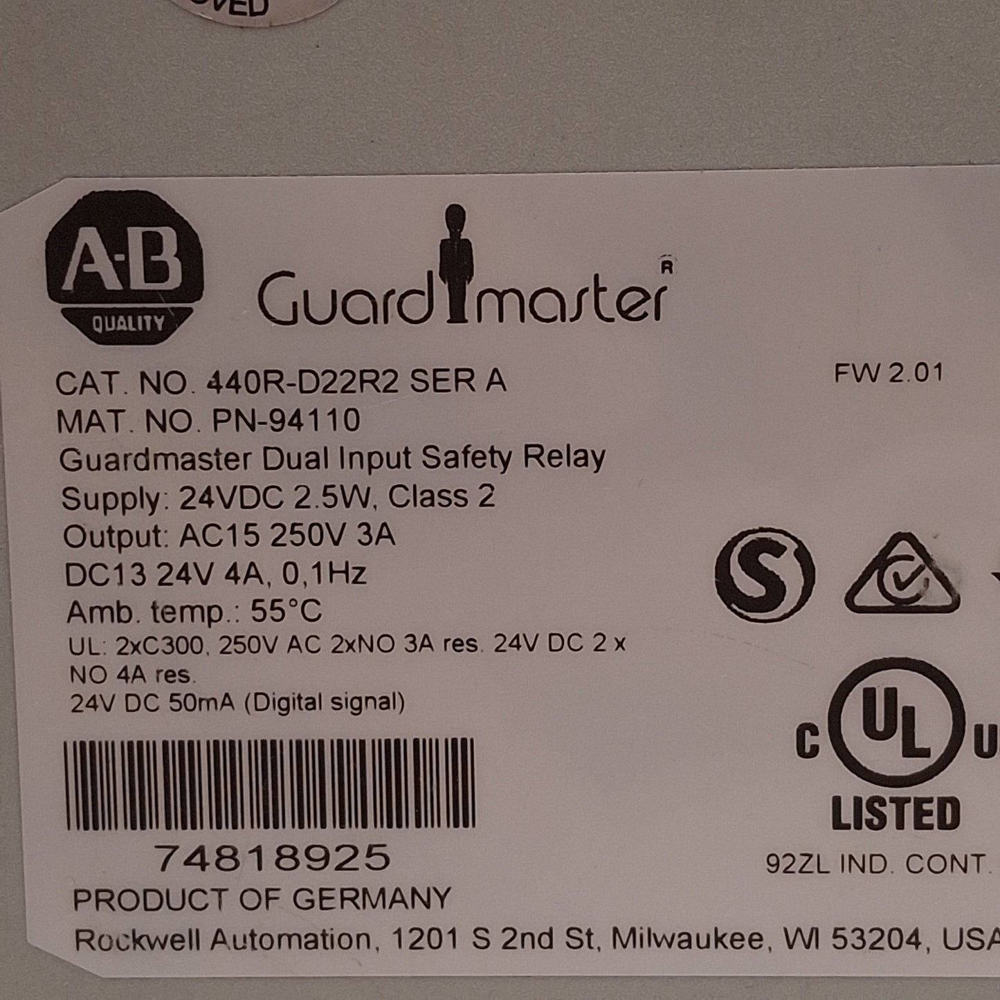 Used Allen Bradley 440R-D22R2 Guardmaster Dual Input Safety Relay, 2NO+1NC, 24VDC