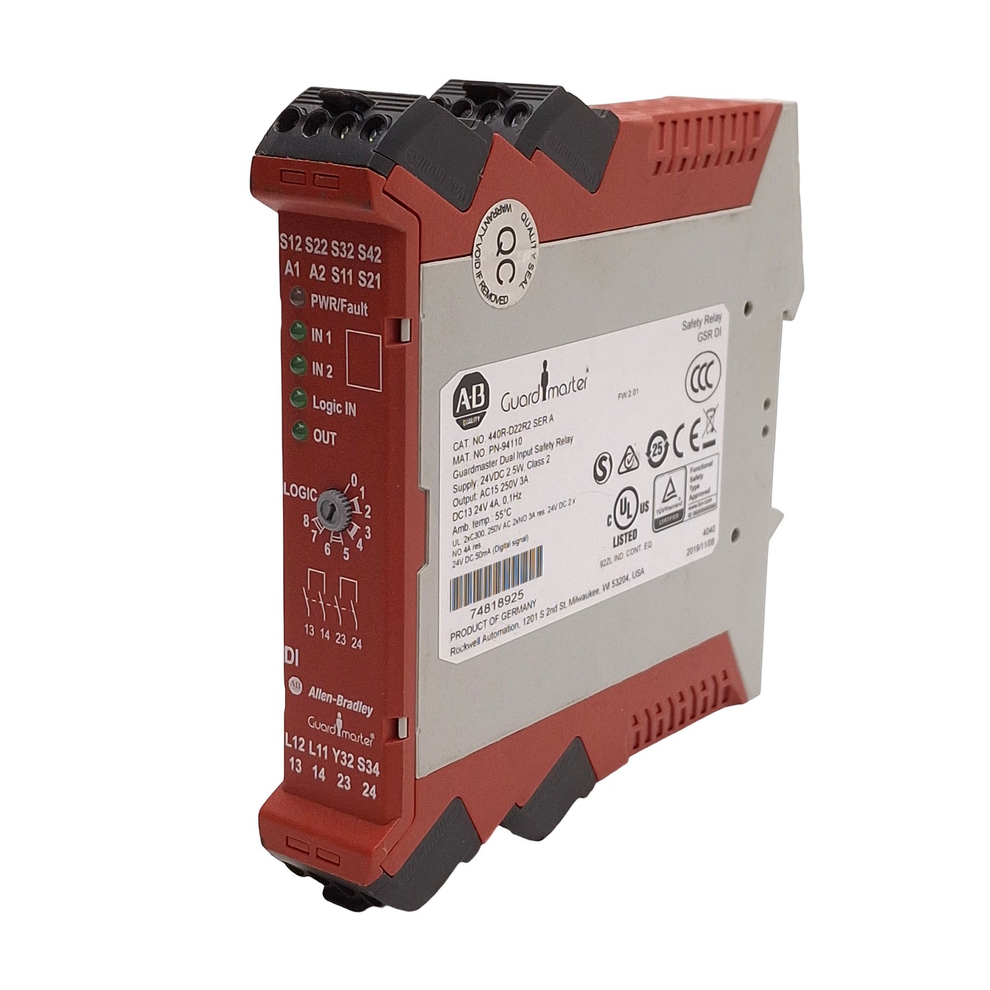 Used Allen Bradley 440R-D22R2 Guardmaster Dual Input Safety Relay, 2NO+1NC, 24VDC