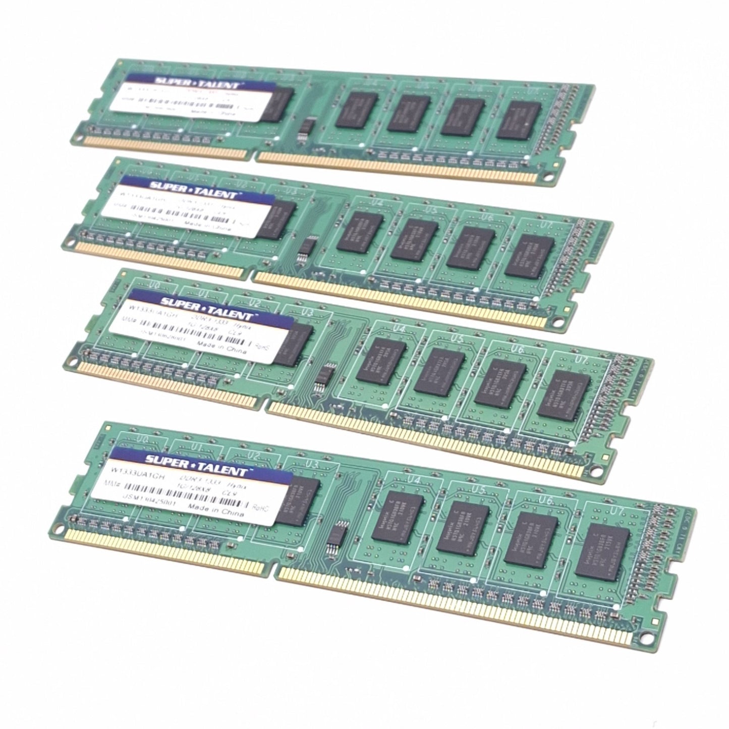 Used Lot of 4 Super Talent W1333UA1GH Hynix RAM Modules, 1GB DDR3-1333, 240-Pin DIMM