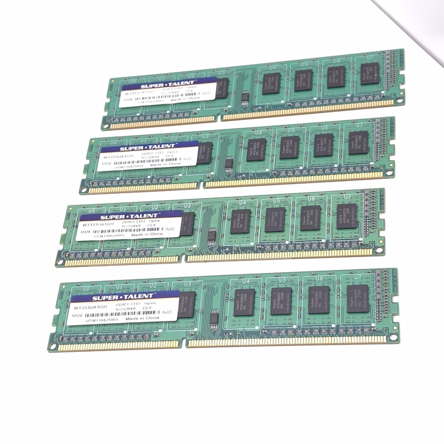 Used Lot of 4 Super Talent W1333UA1GH Hynix RAM Modules, 1GB DDR3-1333, 240-Pin DIMM
