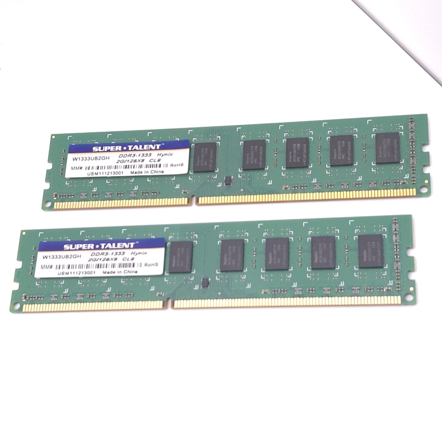 Used Lot of 2 Super Talent W1333UB2GH Hynix RAM Modules, 2GB DDR3-1333, 240-Pin DIMM