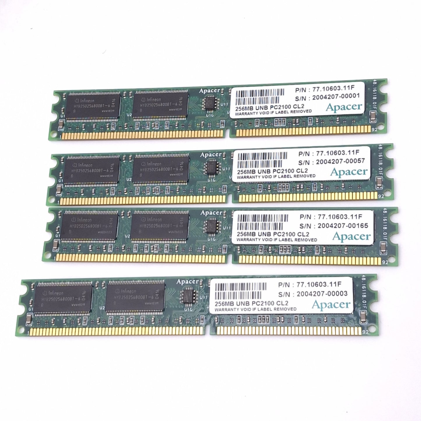 Used Lot of 4 Apacer 77.10603.11F Memory Modules, 256MB UNB PC2100 CL2, 184-Pin DIMM