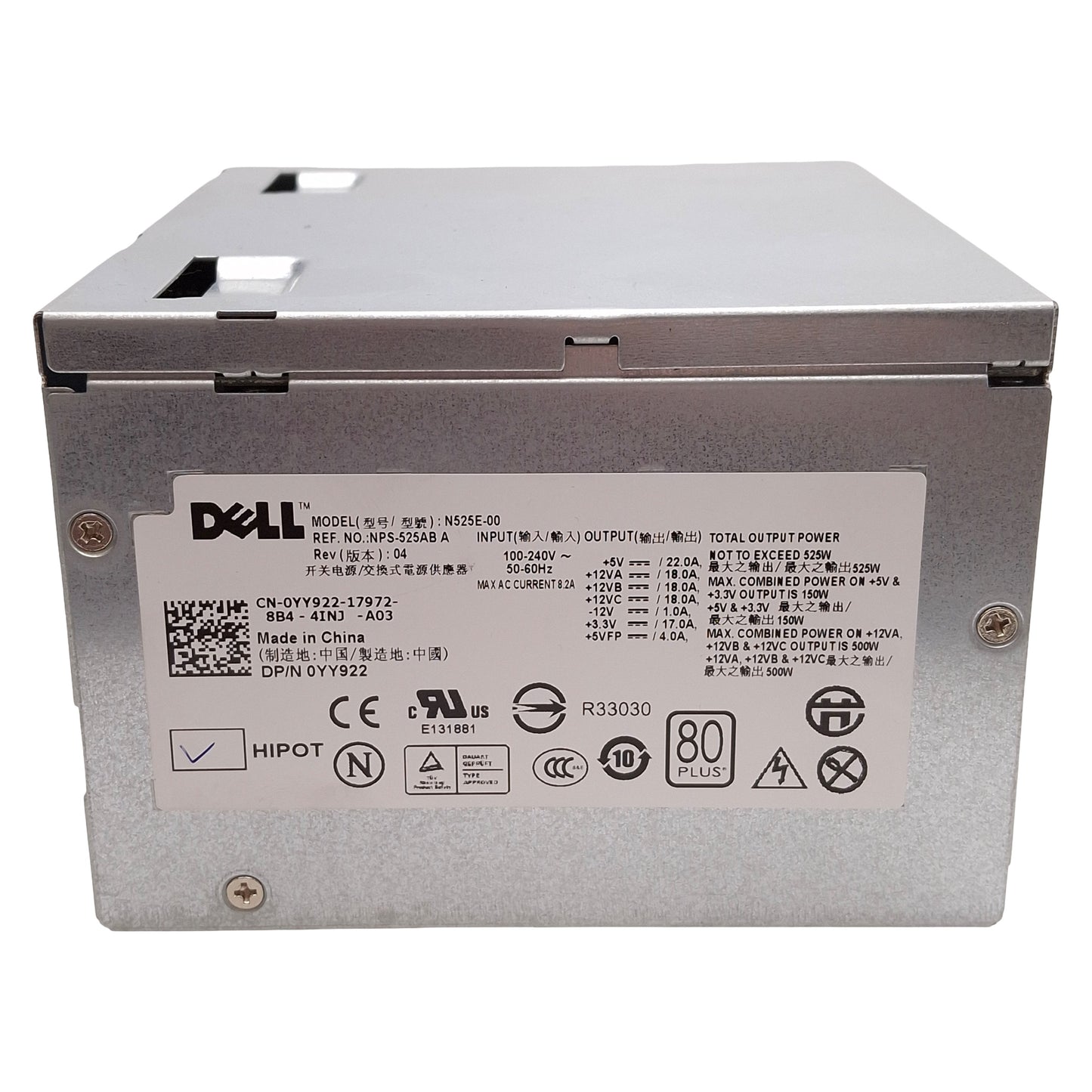 Used Dell N525E-00 Power Supply, 525W, 100-240VAC Input, +5VDC/±12VDC/+3.3VDC Output
