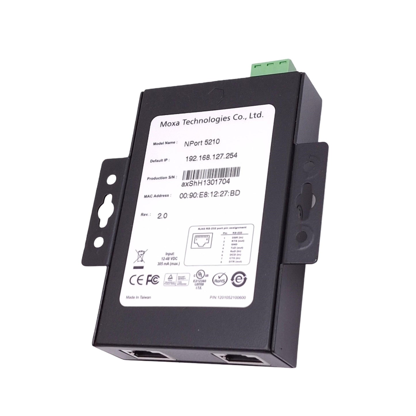 New Moxa NPort 5210 Serial Device Server, 2-Port RS-232, Ethernet TCP/IP, 12-48VDC