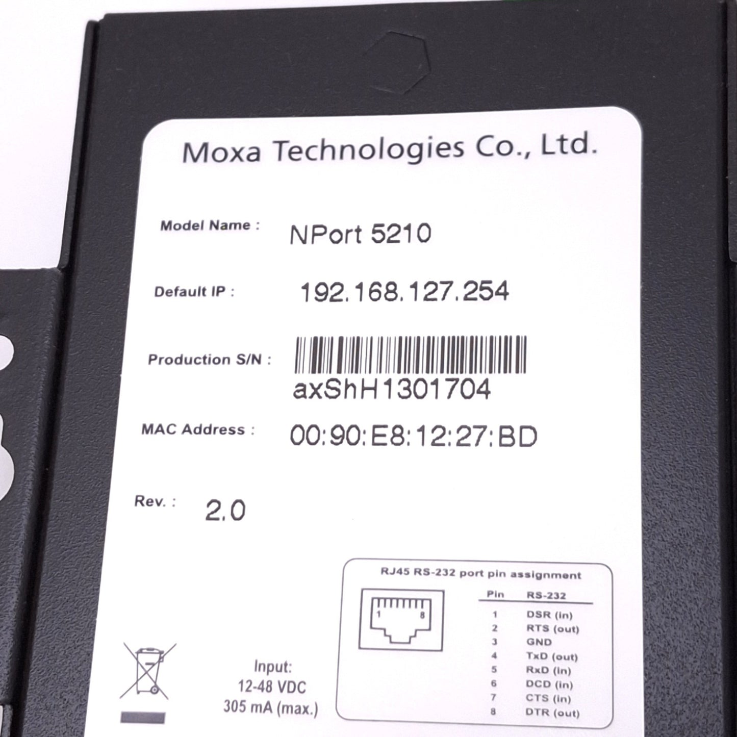 New Moxa NPort 5210 Serial Device Server, 2-Port RS-232, Ethernet TCP/IP, 12-48VDC