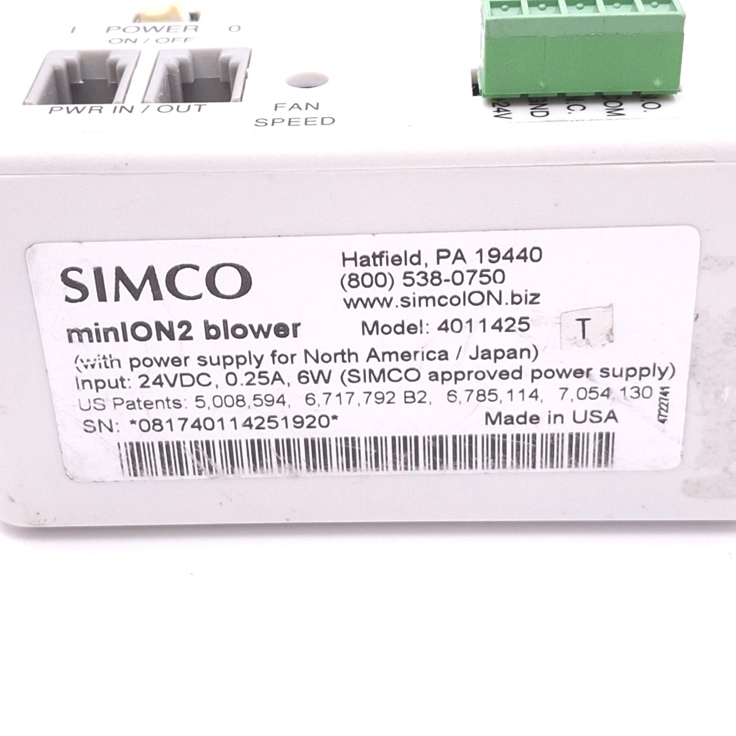 Used Simco 4011425 minION2 Ionizing Air Blower, +-10V, 21-42cfm, 24VDC 6W Max