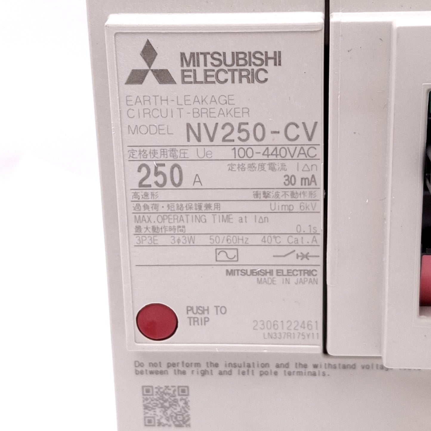 New Mitsubishi NV250-CV3P250A30 Earth Leakage Circuit Breaker, 3-Pole 250A, 30mA EL