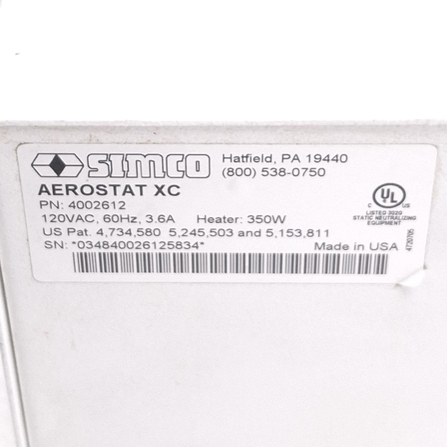 Used Simco 4002612 Aerostat XC Ionizing Air Blower, +-5V, 3-Speed 70-120cfm, 120VAC