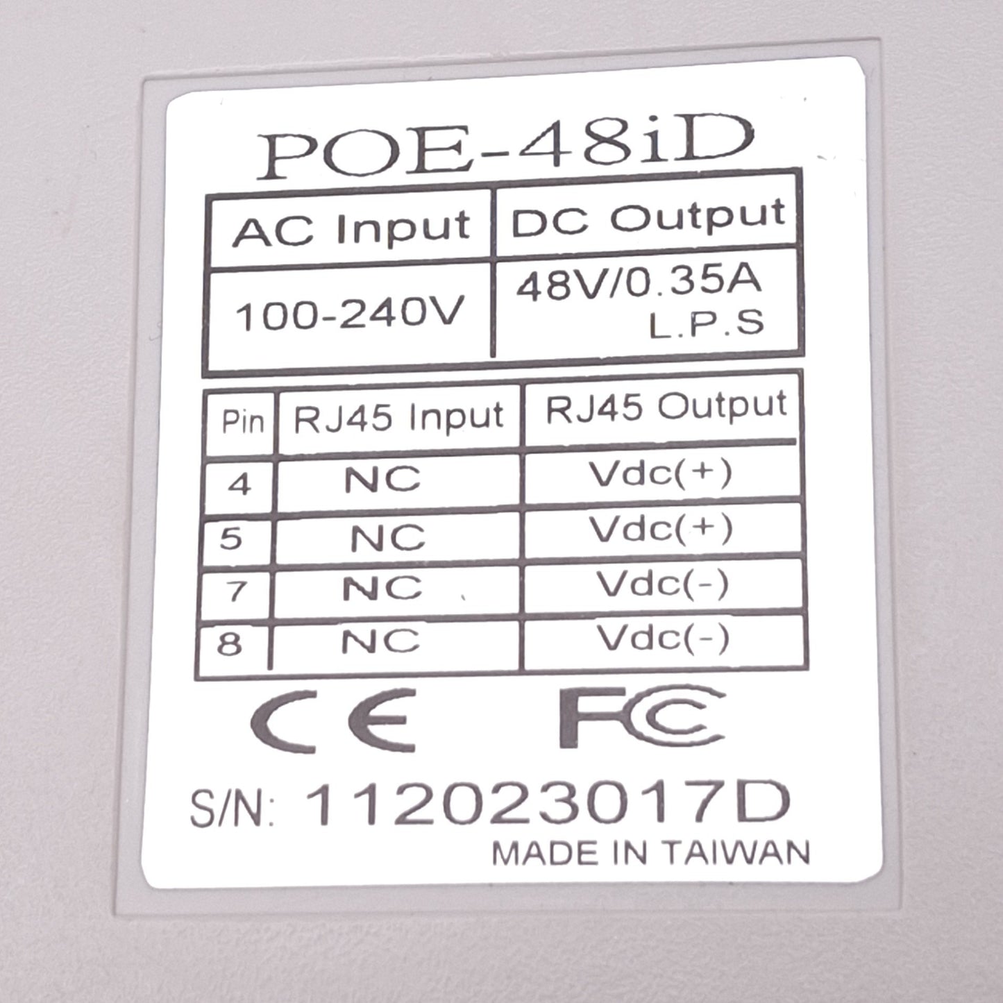 Used Laird POE-48iD Power Over Ethernet Injector, 100-240VAC In, 48VDC 16W Out, RJ45