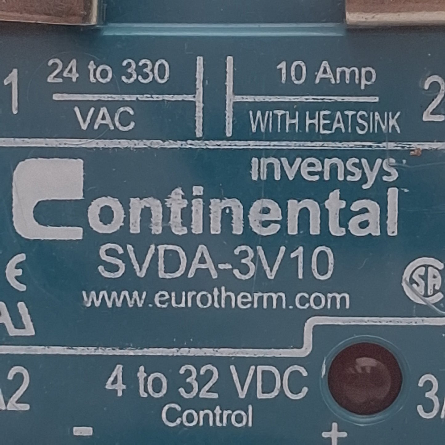 Used Continental SVDA-3V10 Solid State Relay, 4-32VDC Control, 10A 24-330VAC Load