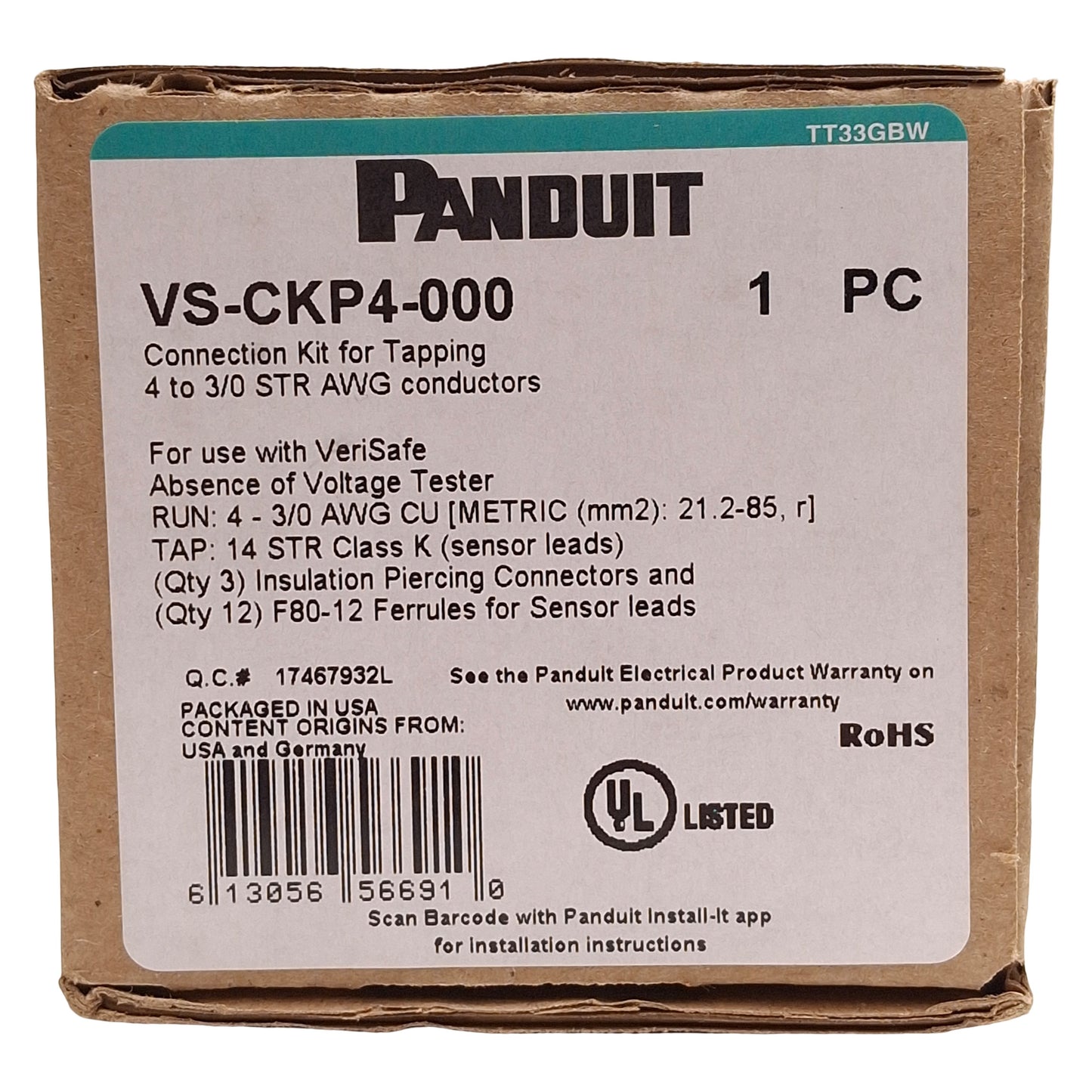 New Panduit VS-CKP4-000 Connection Kit For 4 to 3/0 AWG Conductors For Verisafe AVT