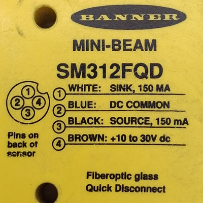 Used Banner SM312FQD MINI-BEAM Fiber Optic Amplifier, Bipolar, 10-30VDC, M12 4-Pin QD