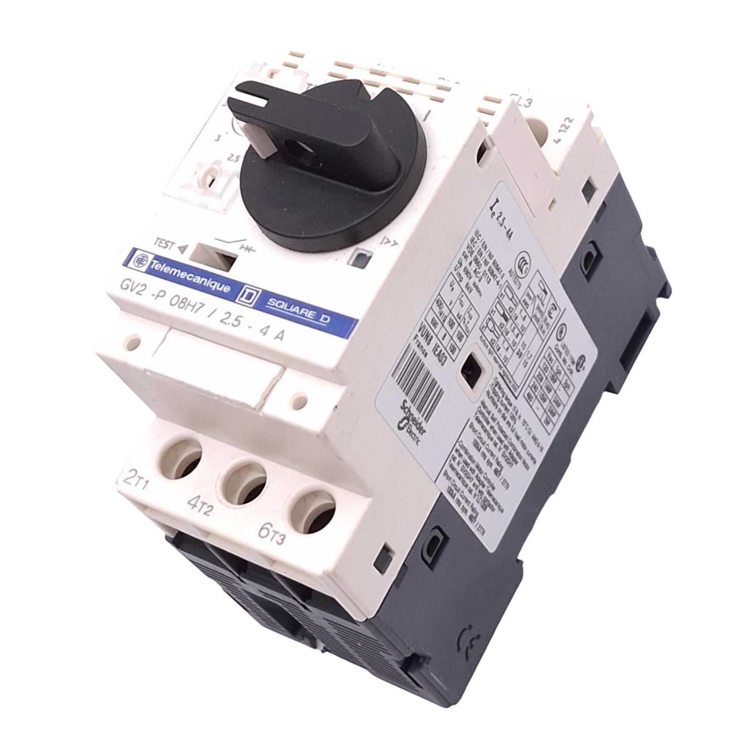 New – Open box Telemecanique GV2-P08H7 Motor Circuit Breaker, 3-Pole 2.5-4A, 2hp 480VAC Max