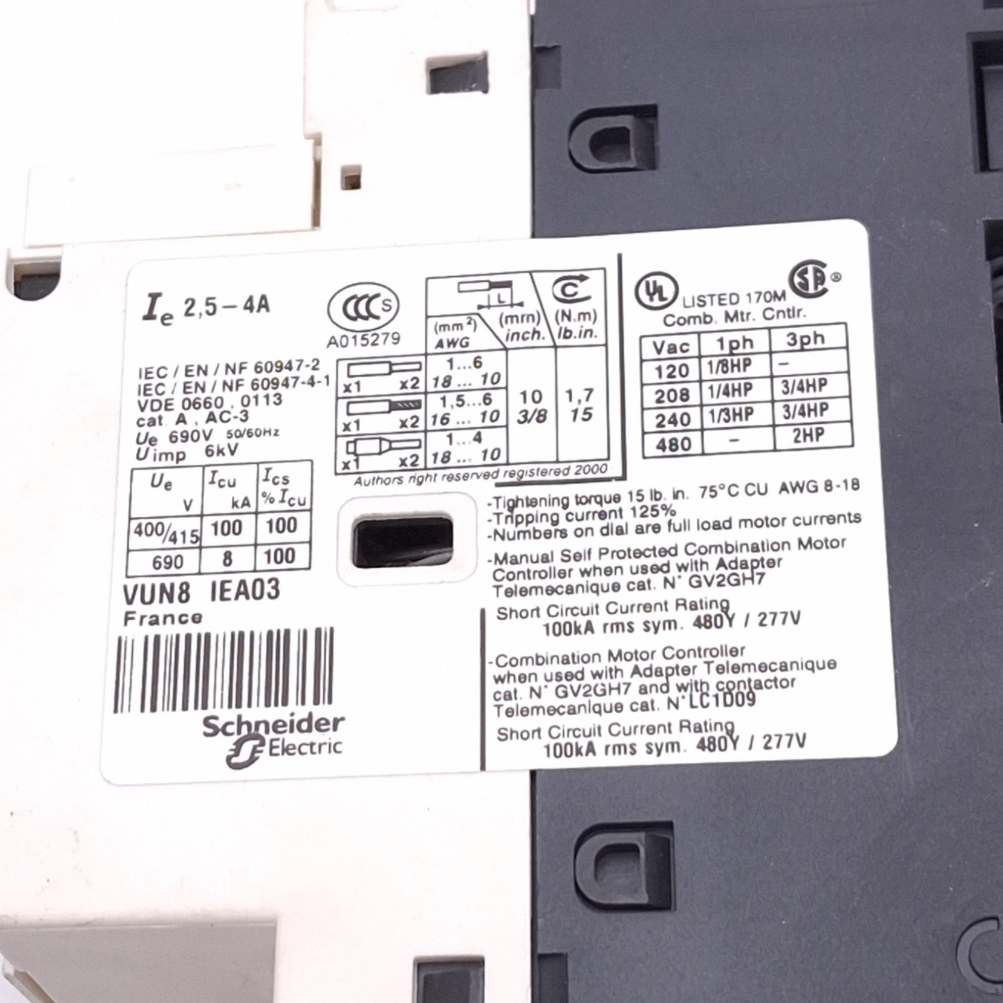 New – Open box Telemecanique GV2-P08H7 Motor Circuit Breaker, 3-Pole 2.5-4A, 2hp 480VAC Max