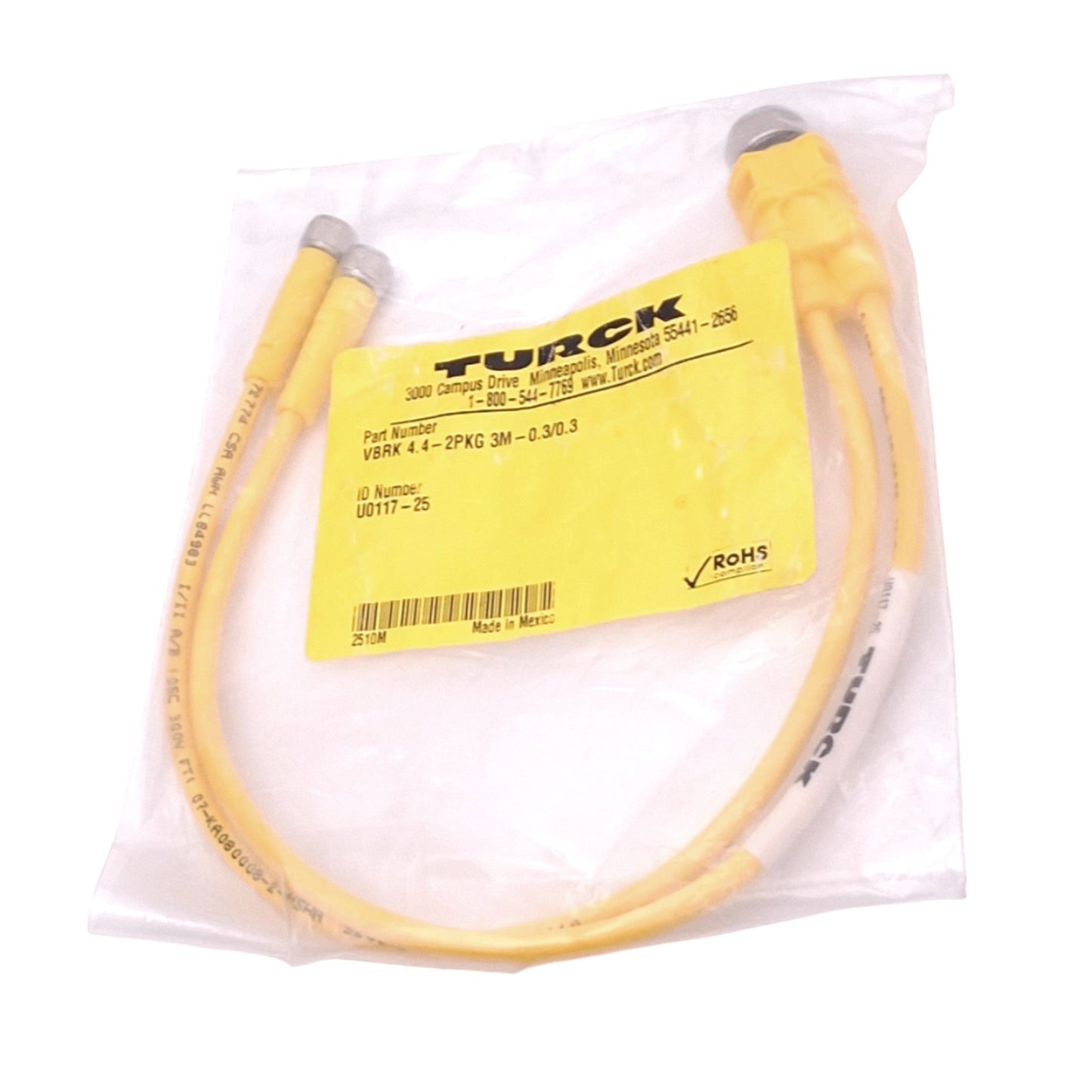 New Turck VBRK 4.4-2PKG 3M-0.3/0.3 Y-Splitter Cable, 4-Pin M12 M to 3-Pin M8 F