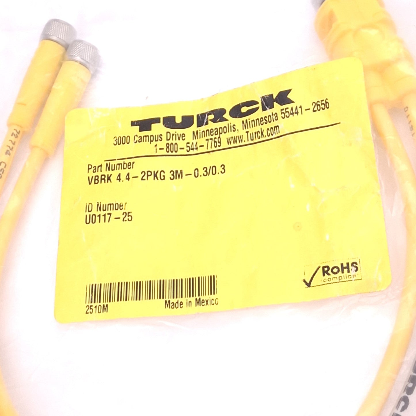 New Turck VBRK 4.4-2PKG 3M-0.3/0.3 Y-Splitter Cable, 4-Pin M12 M to 3-Pin M8 F