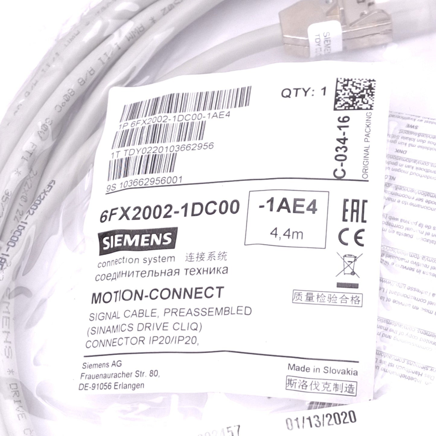 New Siemens 6FX2002-1DC00-1AE4 Cable for MOTION-CONNECT SINAMICS, 4.4m Length