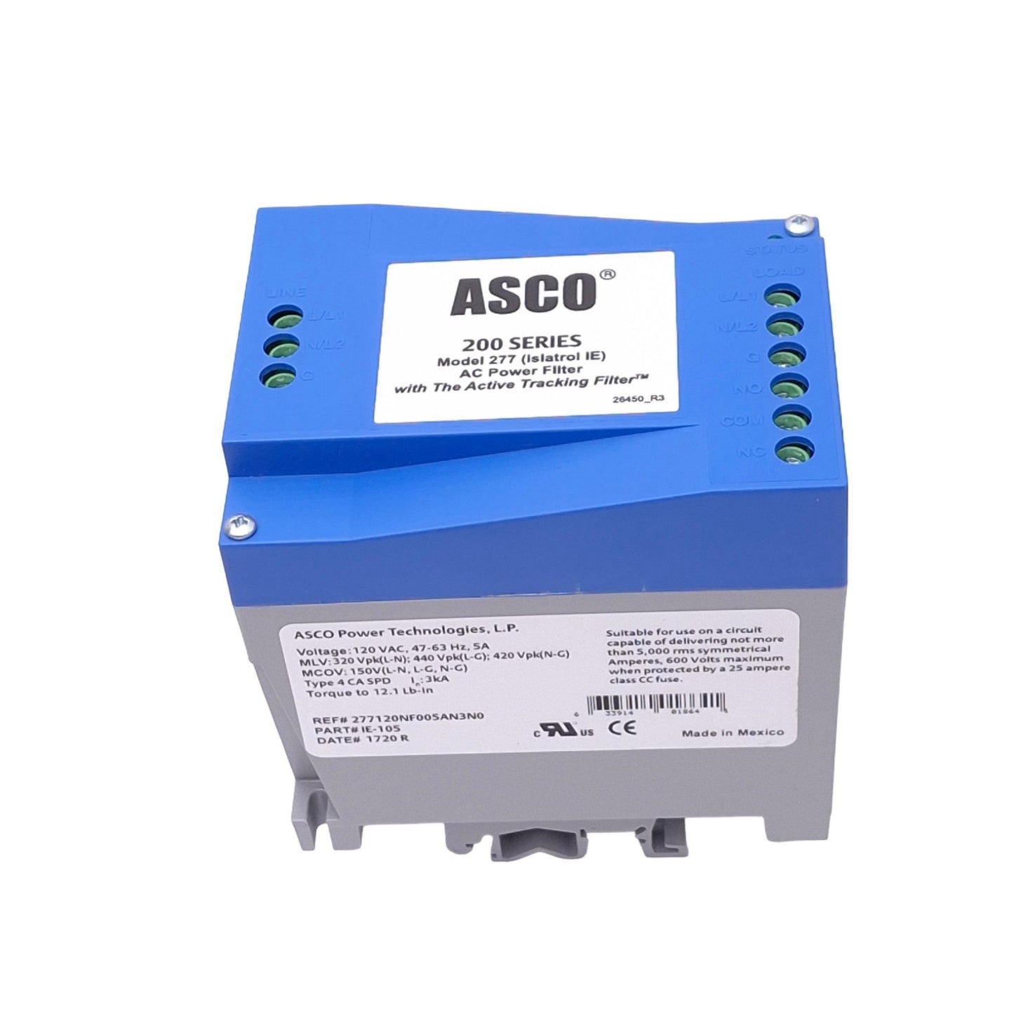 New ASCO IE-105 Active Tracking AC Power Noise Filter, 5A 120VAC, DIN Rail