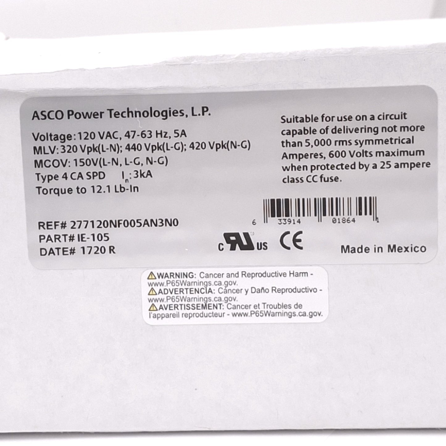 New ASCO IE-105 Active Tracking AC Power Noise Filter, 5A 120VAC, DIN Rail