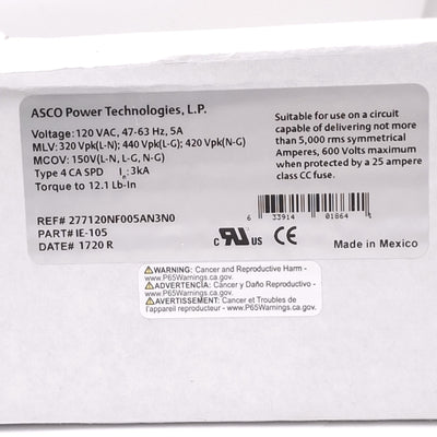 New ASCO IE-105 Active Tracking AC Power Noise Filter, 5A 120VAC, DIN Rail